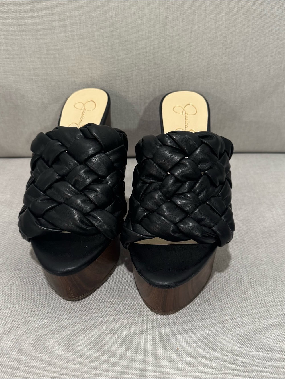 Black Woven Leather Platform Mule Heels by Jessica Simpson
